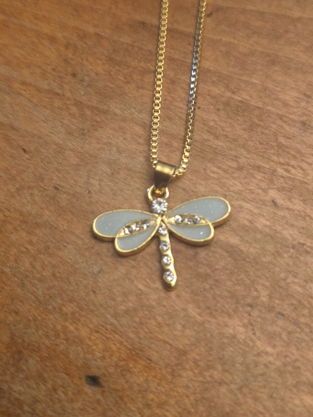 White Opal Dragonfly Gold Pendant Necklace Cyrstal - Beautiful Nature, Elegant